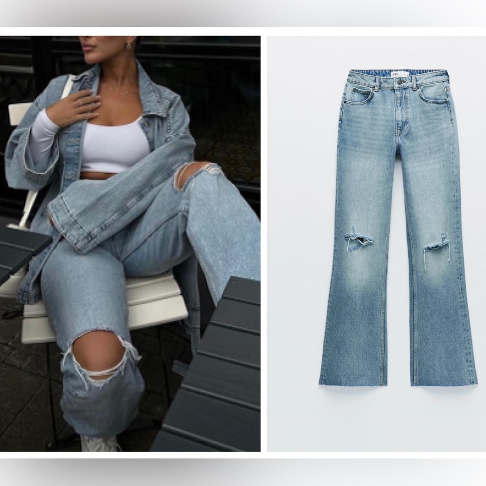 ZARA high rise wide leg slim fit ripped jeans